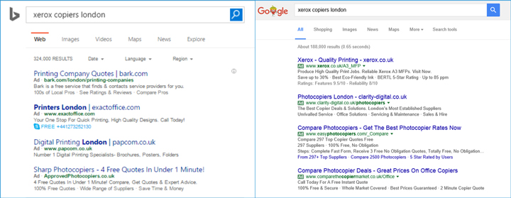 side by side comparison of Bing and Google Ads