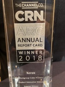 A picture of CRN's ARC Award 2018 with Xerox as the winner of the workgroup color printers category.